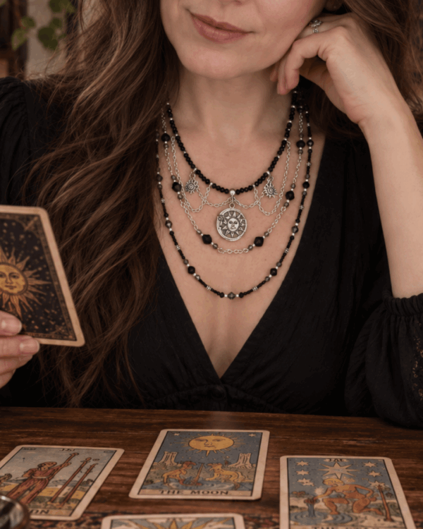 Dark sun necklace on model Dark Sun Necklace